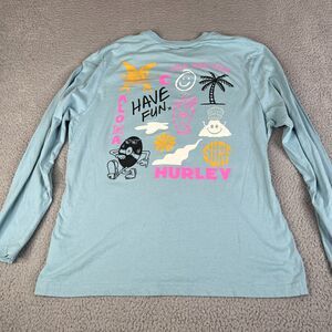 HURLEY T Shirt Mens Large Blue Long Sleeve Aloha Volcano Flower Banana Graphic